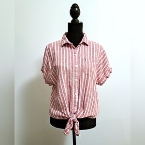 Women's Red and White Striped Knot Tie Blouse, Size M